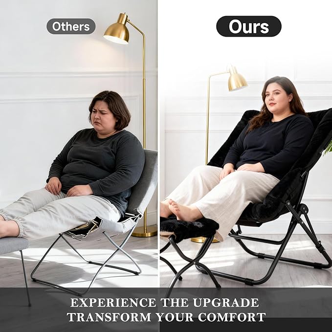 Oversized Folding Faux Fur Chair with Ottoman X-Large Soft Saucer Chair Foldable Metal Frame for Bedroom Living Room Balcony (Black)