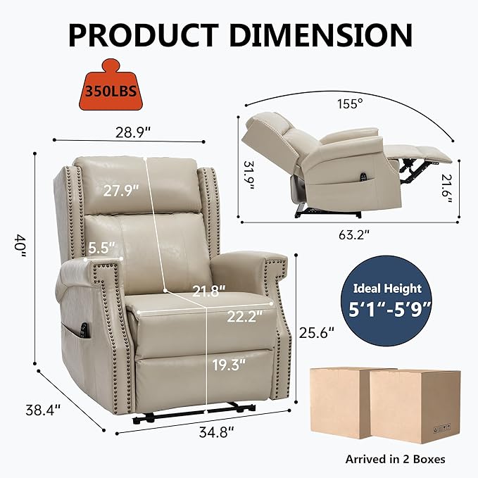 KEIKI Oversized Recliner Chair Manual Leather Recliner Chair with 8 Vibration Nodes Back Massager and Heating for Living Room Rocking Chair for Old Money Living Room Decor Beige