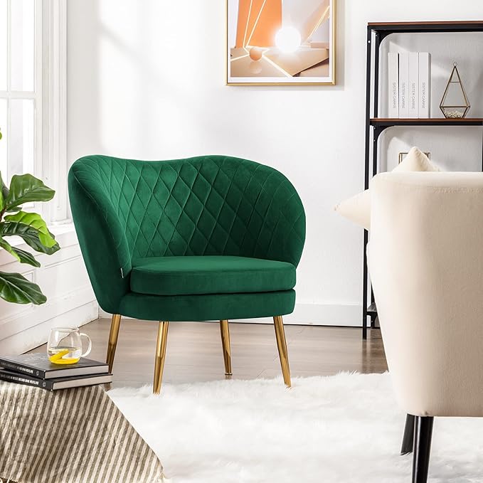 DUHOME Velvet Accent Chair with Barrel Backrest Upholstered Armchair Single Sofa for Living Room Bedroom Dining Room Dark Green