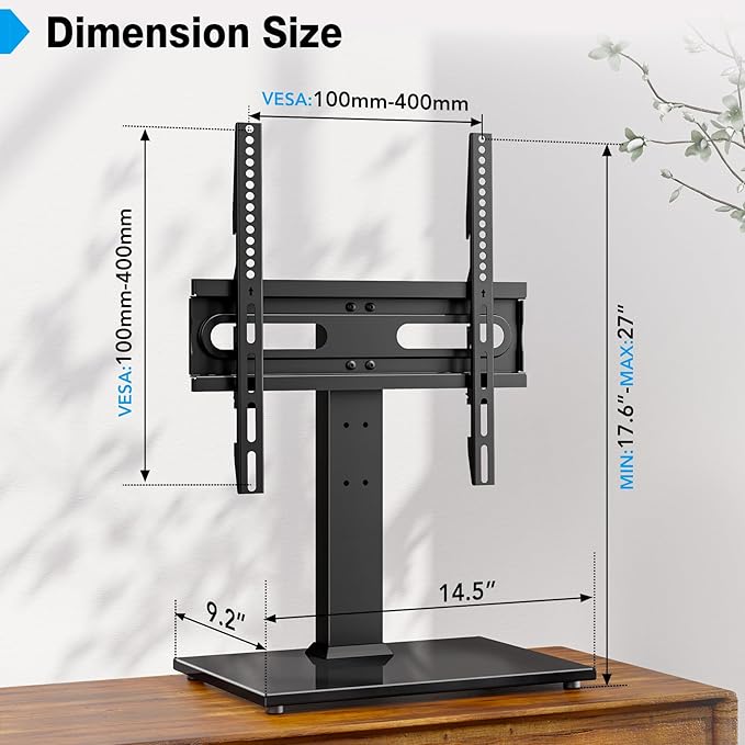 Universal TV Stand - Table Top TV Stand for 27-60 inch LCD LED TVs - 9 Level Height Adjustable TV Base Stand with Tempered Glass Base &amp Wire Management VESA 400x400mm