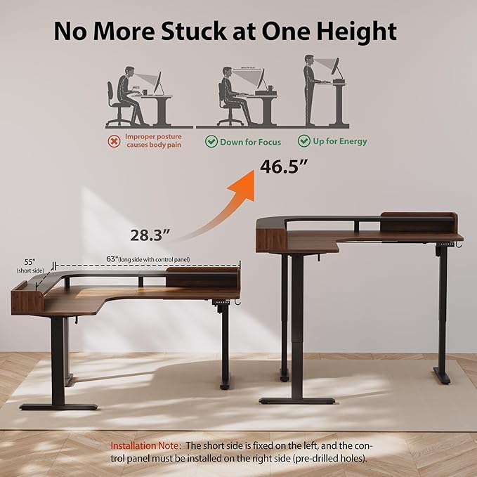 Agilestic L Shaped Standing Desk Corner Desk with Monitor Shelf Adjustable Height Gaming Table Sit Stand Up Table 63 x 55 Inch Home Office Computer Workstation Splice Board Dark Walnut