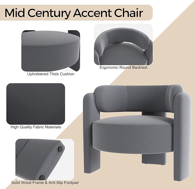 NOBPEINT Mid Century Modern Accent Barrel Chair Round Upholstered Leisure Armchair with Open Back for Living Room Bedroom Apartment Gray