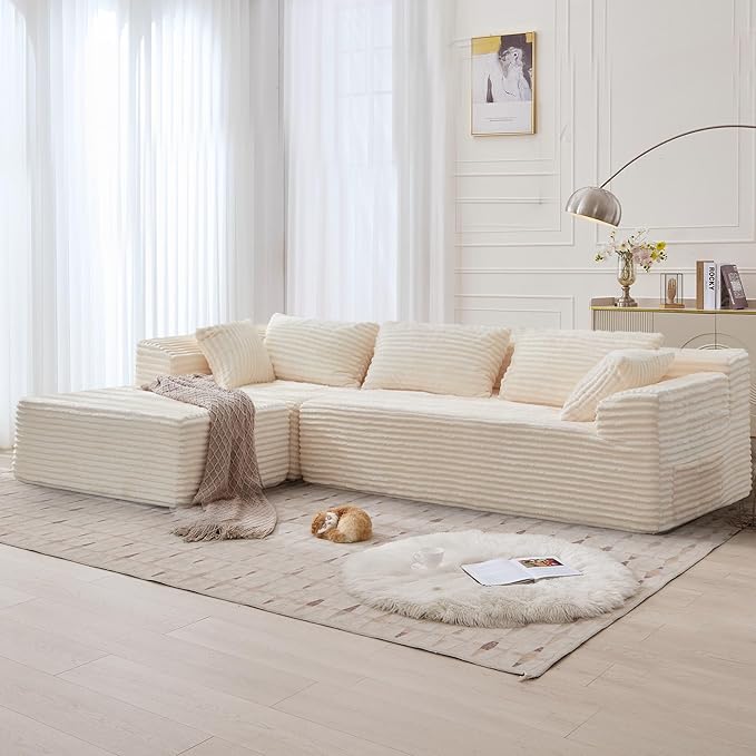 110 L-Shaped Modular Sectional Sofa with Chaise Boneless Comfy Corduroy Fluffy Couch with Deep Seat and Side Pockets Flexible Module Combination for Living Room No Assembly Side Pockets