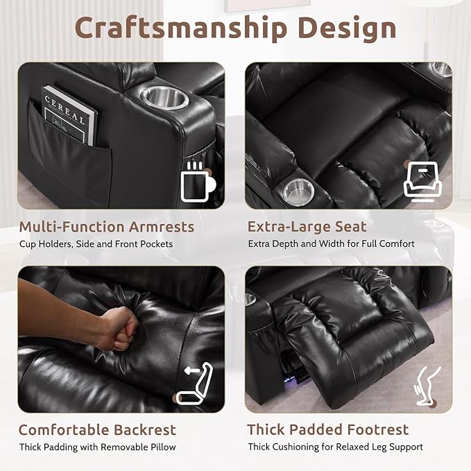 SAMERY Loveseat Recliner Sofa Power Reclining Loveseat Sofa Wall Hugger Recliners RV Couch with Flip-Backrest Solid Wood Top Ambient LED Lights USB-C Outlets Faux Leather Black | Extra Wide Se