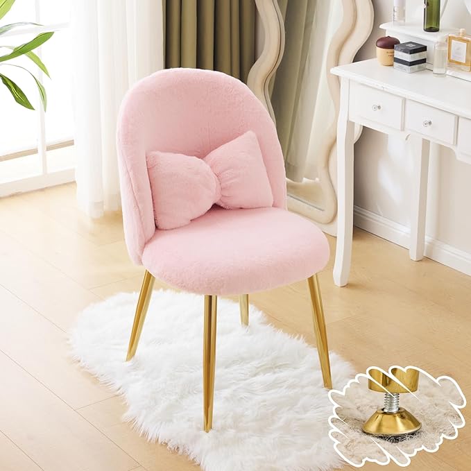 VINGLI Fluffy Girls Vanity Chair with Back &amp PillowCute Small Cozy Desk Chair No WheelsComfy Makeup Ch with Ajustable Gold Legsfor BedroomLiving RoomSmall SpacePink