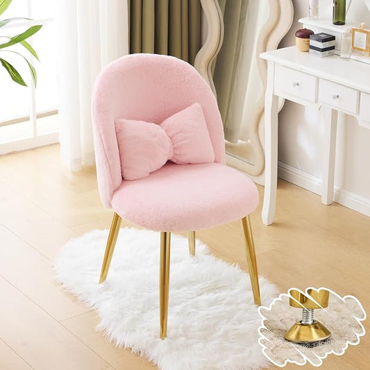 VINGLI Fluffy Girls Vanity Chair with Back &amp PillowCute Small Cozy Desk Chair No WheelsComfy Makeup Ch with Ajustable Gold Legsfor BedroomLiving RoomSmall SpacePink
