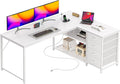 PRAISUN 53 L Shaped Desk with Power Outlets and USB-C Port Reversible Computer Corner Office Desk with 4 Fabric Drawers and 2 Height-Adjustable Shelves Large for Gaming Writing Work Study White