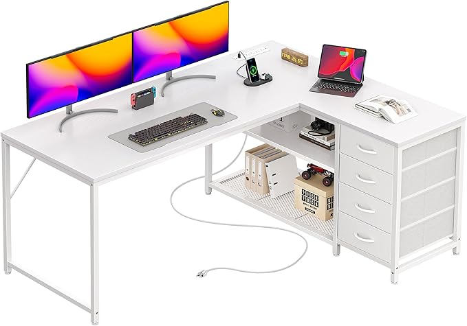 PRAISUN 53 L Shaped Desk with Power Outlets and USB-C Port Reversible Computer Corner Office Desk with 4 Fabric Drawers and 2 Height-Adjustable Shelves Large for Gaming Writing Work Study White