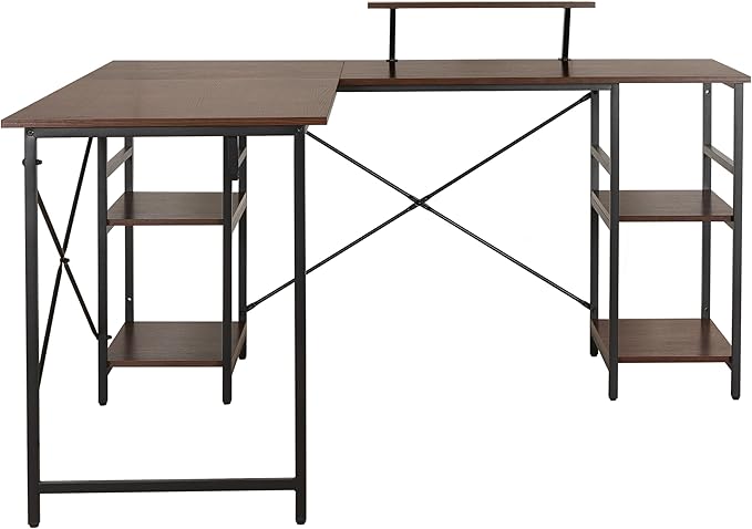 Techni Mobili Office Desk - Reversible L Shaped Desk with Storage Shelves Monitor Stand &amp Accessory Holder - Ergonomic &amp Industrial Workstation Corner Table with Durable Steel Frame Walnut