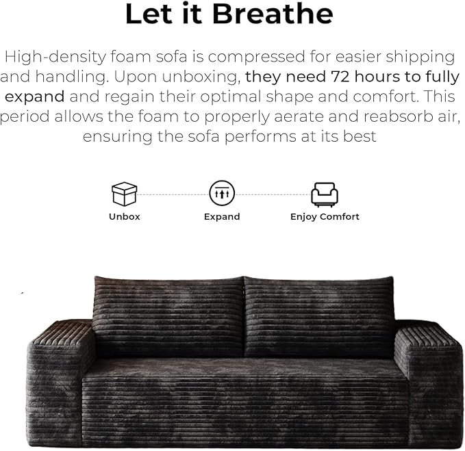 71 Cloud Loveseat Sofa Modern Corduroy Boneless Couch with Deep Seat Memory Foam Comfy 3 Seater Foam Floor Couches for Living Room Bedroom Apartment No Assembly Required (Black 71+3 Seaters)