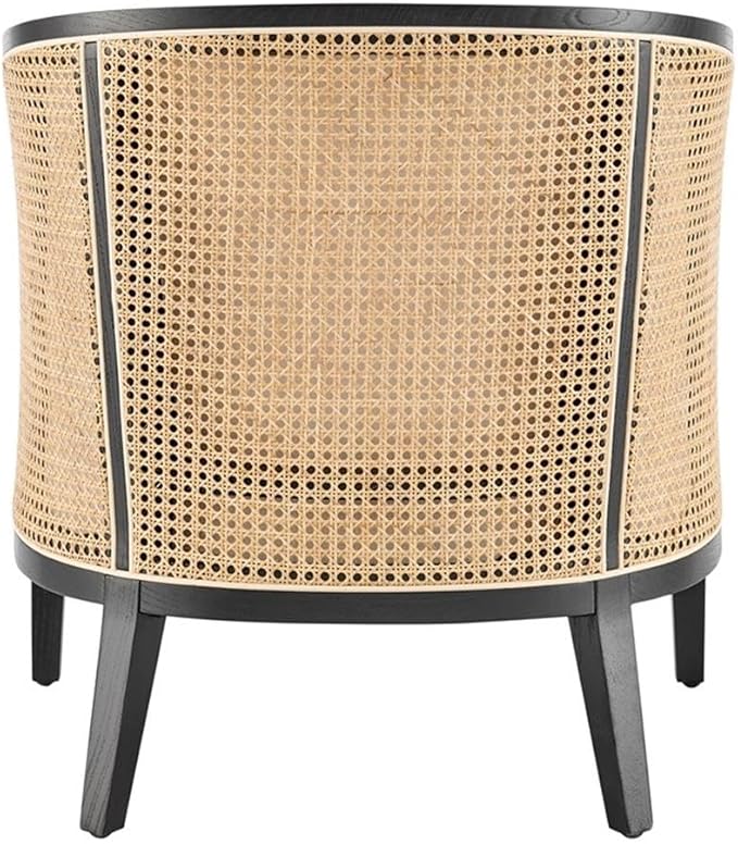 Pemberly Row Accent Arm Chair Rattan Frame with Black Legs Natural Linen Cushion Barrel-Back Design 300 lbs Weight Capacity 28 W x 30 D x 29.5 H Living Room Seating