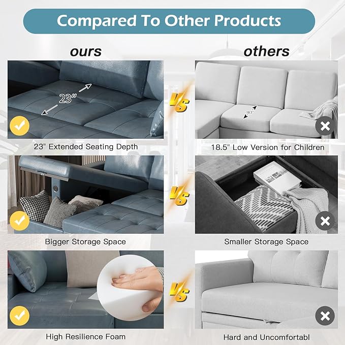 Esright Sleeper Sofa Bed 3-in-1 Pull Out Couch with Reversible Chaise Leather Sleeper Sofa with Storage USB Cup Holder Pullout Sectional Couches for Apartment Living Room Blue