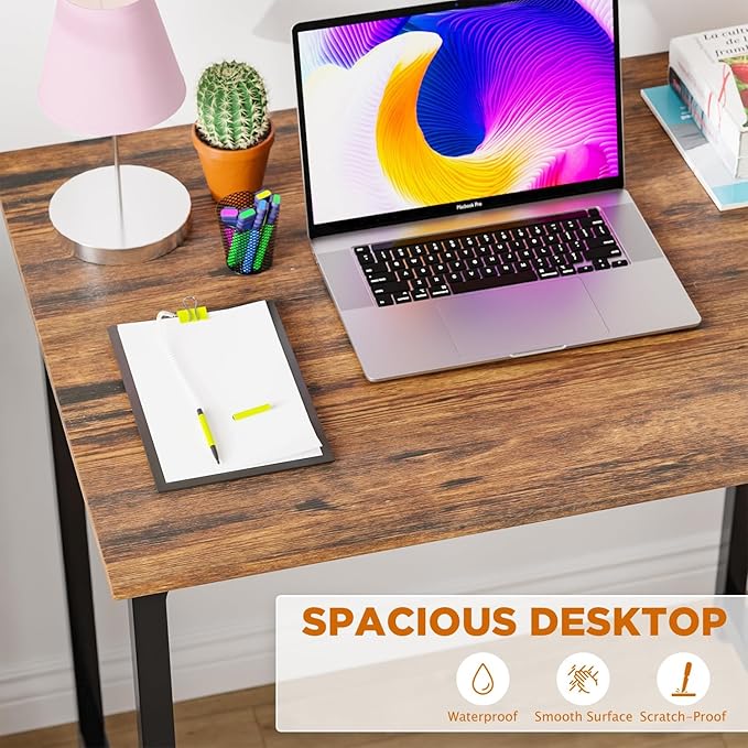 32 inch Small Computer Desk for Small Spaces Wood Desk Office Desk Writing Desk with Metal Frame &amp Adjustable Feet Modern Simple Computer Table PC Desk for Bedroom Home Office Brown Desk