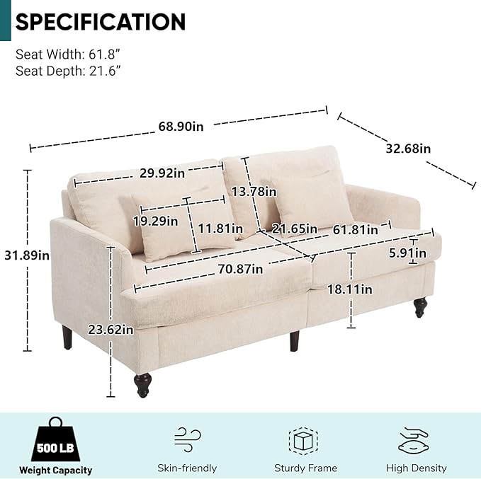 JOYBASE 70 inch Loveseat Sofa Mid-Century Modern Love Seat Couch with Wood Legs Upholstered Comfy Sofa for Living Room Apartment Office Bedroom (Beige Chenille)