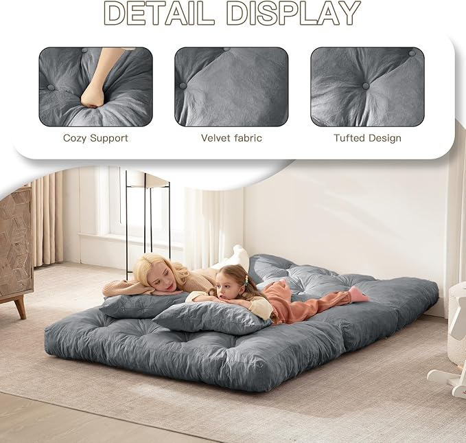 Folding Sofa Bed Convertible Sleeper Chair with Pillow Foldable Mattress with Back Support Portable Fold Out Chair Bed Comfy Floor Sofa Lounge for Living Room Bedroom Dark Gray Full 80x54 Inch