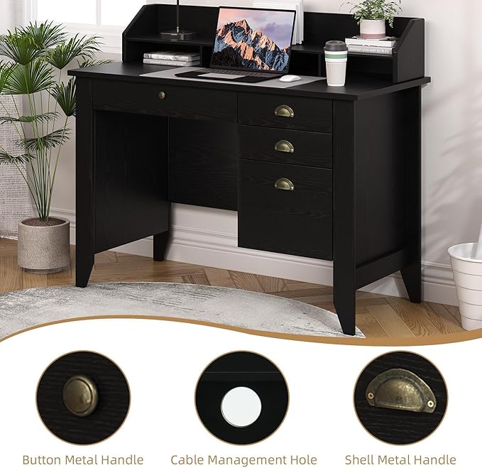 4 EVER WINNER Black Desk with Drawers Small Desk with File Drawer and Monitor Stand Computer Desk with Storage Writing Desk for Bedroom Home Office Black