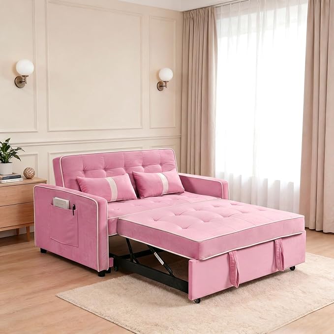 71 Loveseat Sleeper Sofa 3 in 1 Convertible Sofa Bed Adjustable Backrest Comfy Pull Out Couch Modern Upholstered Sofa for Living Room Bedroom Apartment Small Space (Pink)