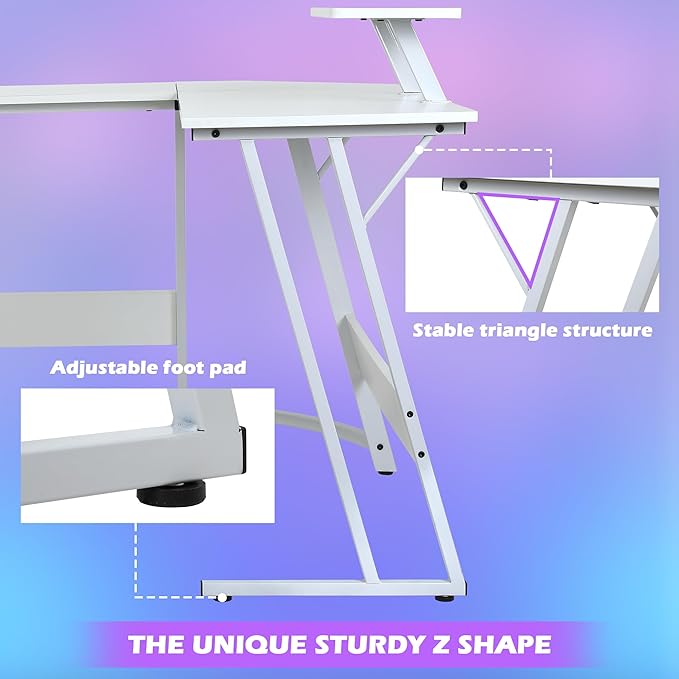 L Shaped Gaming Desk Modern Computer Desk Home Office Desks with Large Monitor Riser Stand Sturdy PC Desk for Bedroom Minimalist White 50Inch