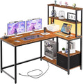 HOOBRO L Shaped Gaming Desk 46 Inch Reversible Computer Desk with LED Light &amp Power Outlet Office Desk with Storage Shelves &amp Drawer for Home Office Study Rustic Brown and Black BF18UDDN0