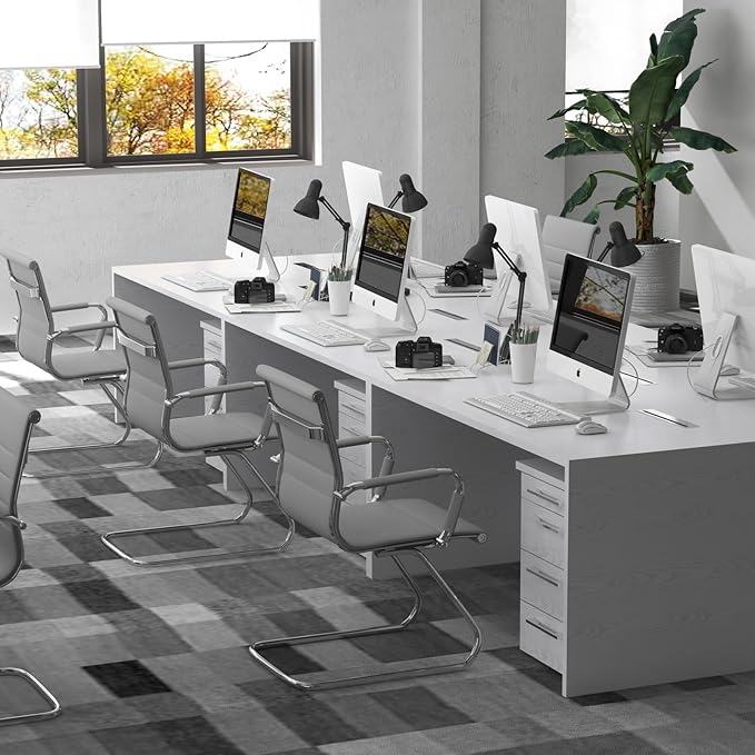CIMOTA Waiting Room Chairs Leather Office Guest Chair Mid Back Reception Chairs with Sled Base for Meeting/Patient/Conference Room Grey Set of 4