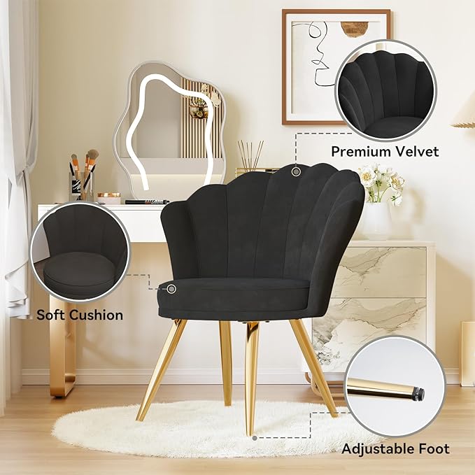 Velvet Accent Chair with Gold Metal Legs Vanity Chair for Makeup Room Upholstered Guest Chair for Living Room for Bedroom Black