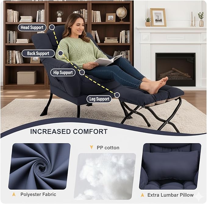 Lazy Chair with Ottoman Modern Accent Chair with Lumbar Pillow Navy Blue Sofa Armchairs with Folding Footrest Oversized Supportive Chairs for Bedroom Reading