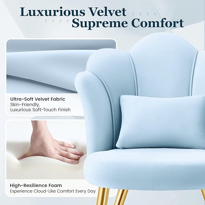 Petal Makeup Vanity Chair with Back Flower Chair Comfy No Wheels for Girls Women Makeup Chair with Golden Metal Legs &amp Lumbar Pillow for Living Room/Makeup Room/Bedroom/Home Office - Blue
