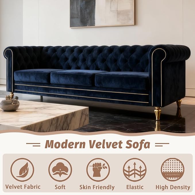 84 Velvet Sofa with Gold Legs Luxury Tufted Couch for Living Room Chesterfield Sofa with Thick Cushion Wide Armrest High-Density Foam Gold Strip Trim (Black)