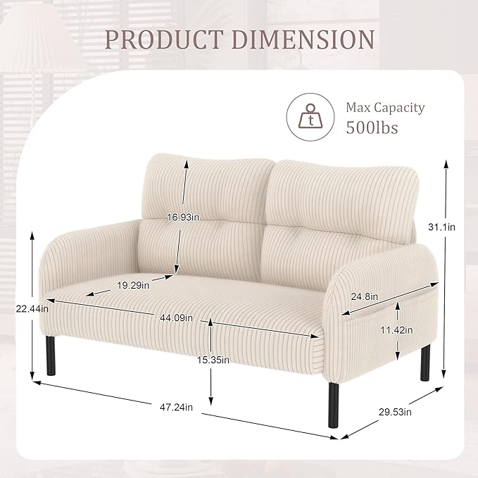 Beige Small Loveseat Sofa - 47 Mini Couch for Bedroom Comfy Corduroy Fabric 2-Seat Sofa Couch with Solid Wood Frame for Living Room Small Space Dorm Easy Assembly (Beige) | Sturdy and Durable