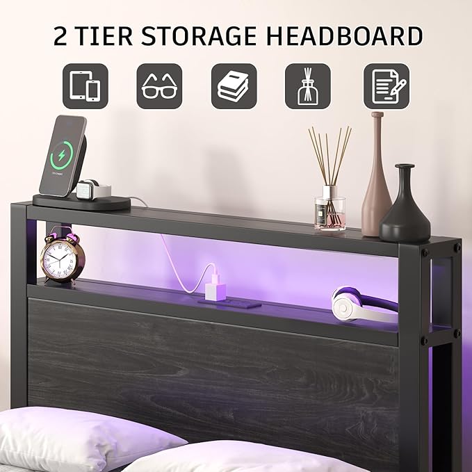 Twin Size Bed Frame with LED Lights and Charging Station Wood Storage Headboard with 2-Tier Shelves Heavy Duty Metal Slats No Box Spring Need Noise Free Easy Assembly Black