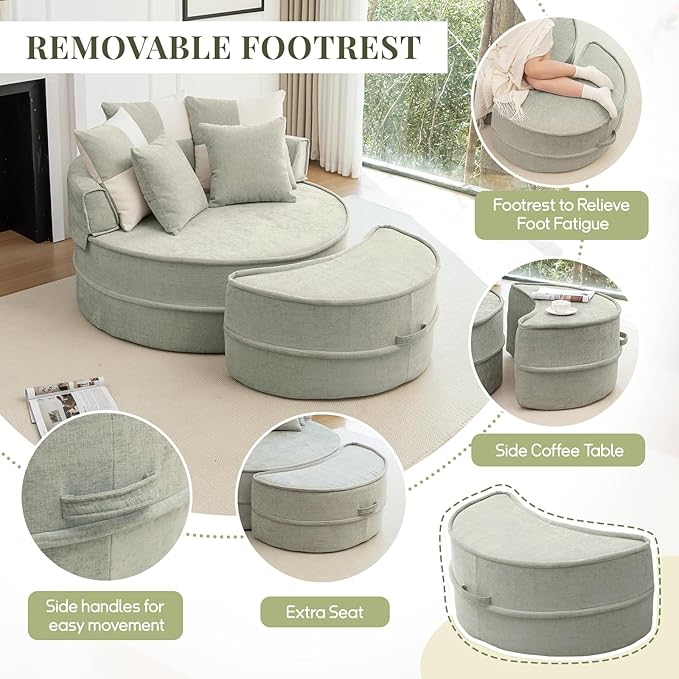 47.63'' Oversized Accent Barrel Chair with Ottoman Modern Round Boneless Idoor Chaise Lounge Chair and A Half Comfy Velvet Compression Large Reading Armchair with 5 Pillows for Living RoomGreen
