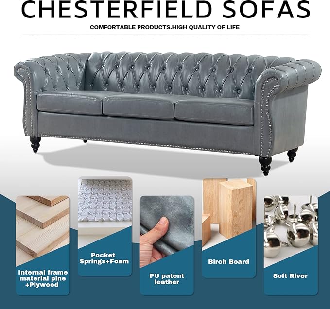 Grey Chesterfield Sofa Faux Leather Couch for Living Room Comfy Deep-Seated 3-Seater Couch for Bedroom Office or Apartment. Sofa Furniture with 84-inch Roll Arms
