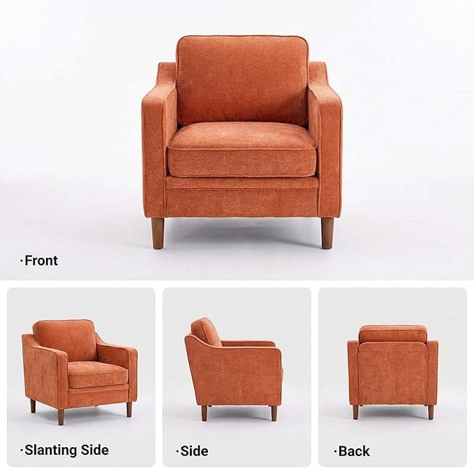 Kingfun Accent Chair Living Room Chairs Mid Century Reading Armchair Chenille with Solid Wood Foot Upholstered Modern Decor for Bedroom Apartment Orange