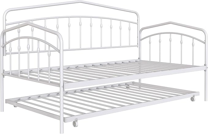 Christopher Knight Home Fox Twin Daybed with Trundle Metal Sofa Bed Set Rollaway Daybed Couch Bed Frame for Bedroom Living Room Guest Room Elegant and Simple Style Anti-Noise Easy Assembly White