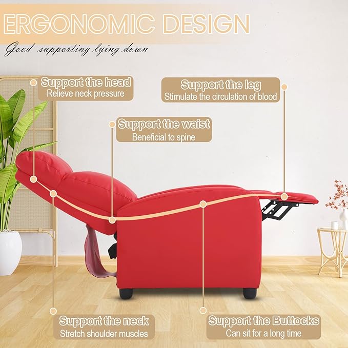Recliner Chair Breathable Padded PU Leather Massage Single Sofa Recliners for Small Recliner Chair with Footrest Home Theater Seating for Bedroom Living RoomRed