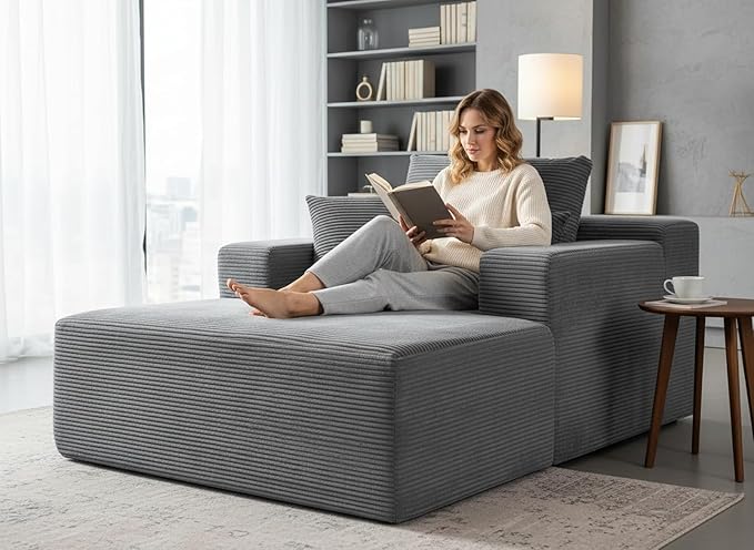 Monroe Convertible Chaise Lounge Chair Indoor – Oversized Corduroy Couch with Wide Armrest &amp Throw Pillows Cozy Boneless Sleeper Sofa Bed Armchair Dark Grey