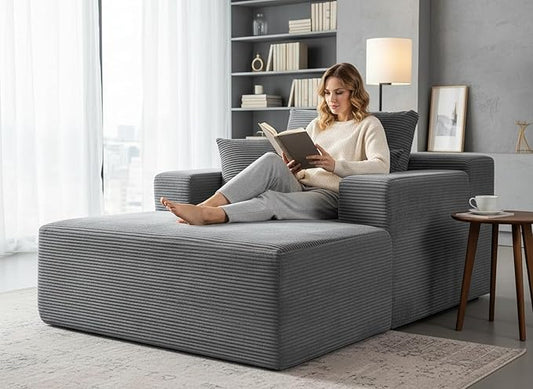 Monroe Convertible Chaise Lounge Chair Indoor – Oversized Corduroy Couch with Wide Armrest &amp Throw Pillows Cozy Boneless Sleeper Sofa Bed Armchair Dark Grey