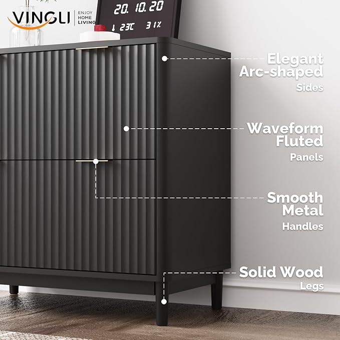 VINGLI 2 Drawer File Cabinet Home Office Filing Organizer for Letter Legal A4 Size File Folder Storage Modern Style Fluted Design Wood Lateral Filing Cabinet Printer Stand Archivador Black