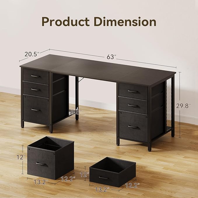 ODK 63 inch Computer Desk with File Drawers Cabinet Modern Office Desk with Large Storage for Home Office Study Gaming Black