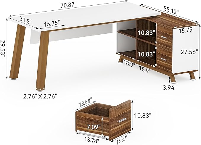 LITTLE TREE 70.8 Office Desk with 55 File Cabinet Combo L-Shaped Executive Desk with Storage Drawers &amp Shelves Wooden Home Office Desk Large Business Furniture White and Brown