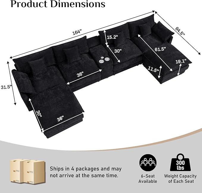 164 Oversized Modular Sectional Sofa Modern U Shaped Cloud Couch 6 Seat Sofa Set for Living Room Comfy Chenille Deep Seat with Storage Central Console Movable Ottomans Cup Holders USB Ports Black