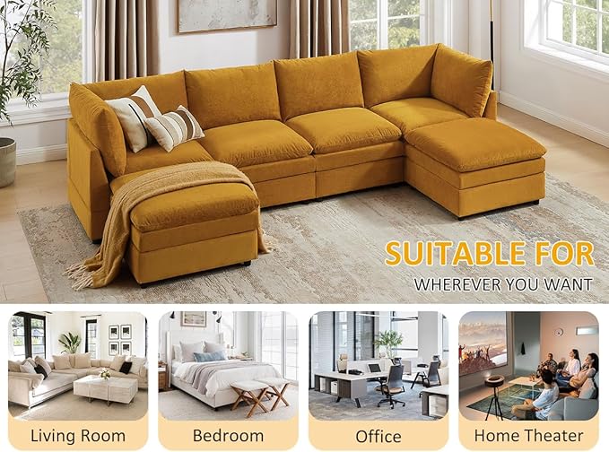 VANOMi 98 Cloud Modular Sectional Sofa Couches for Living Room Oversized Modern Sleeper Sofa with Deep Seat Double-Layer Thick Cushion Movable Ottoman Convertible Upholstered Sofa Set Curry