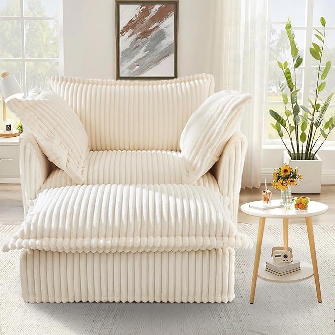 49''W Corduroy Chaise Lounge Chair Indoor Oversized Upholstered Sleeper Sofa with Movable Ottoman and 2 Pillows Removable Sofa Cover for Living Room Home Theater Apartment(Beige)