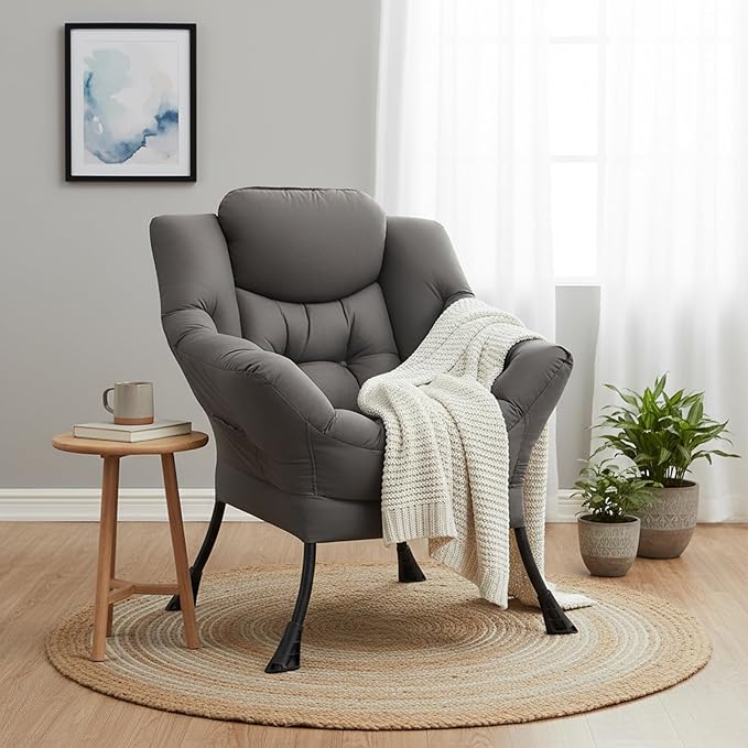 Welnow Lazy Chair for Living Room Modern Reading Accent Chair with Armrests and a Side Pocket Leisure Upholstered Lazy Sofa for Small Space Bedroom Dorm Dark Grey
