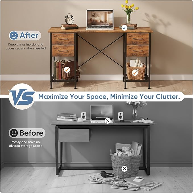 DUMOS Computer Desk 47 Inch with 4 Drawers Home Office Table with Mesh Shelf for Work Study Writing Gaming Storage Furniture for Bedroom Rustic Brown