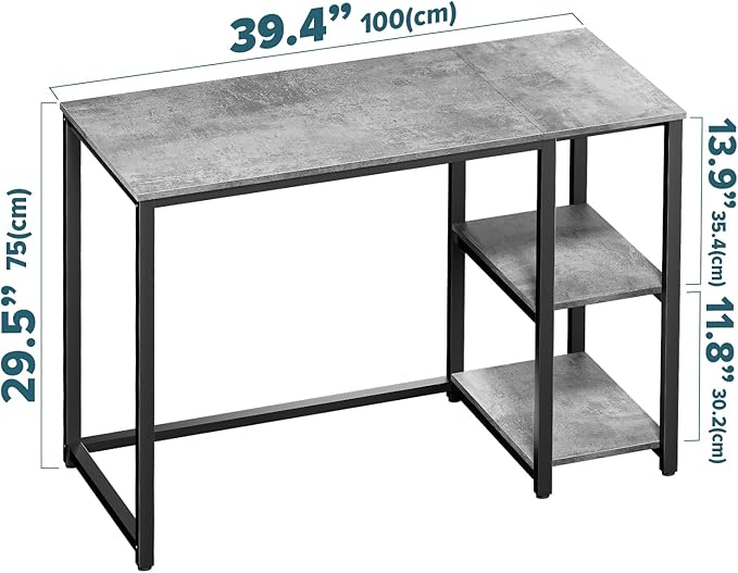 SINPAID Computer Desk 40 inches with 2-Tier Shelves Sturdy Grey Desks with Large Storage Space Modern Gaming Desk Study Writing Laptop Table Gray