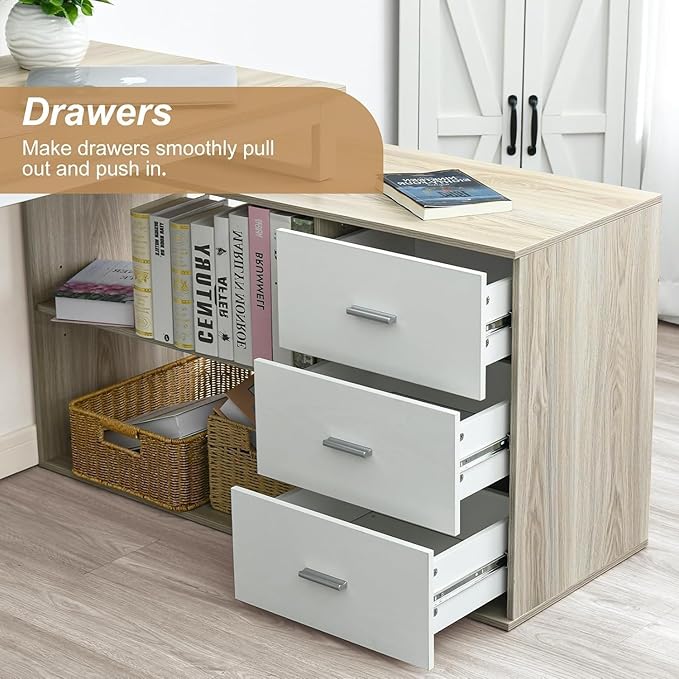 55 Inch L Shaped Desk with 3 Drawers White Desk with Storage Shelves Home Office Desk with Monitor Stand White and Walnut