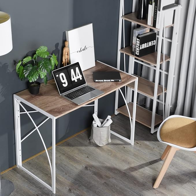 Homy Casa 39.4 Inch Foldable Laptop Desk Space-Saving Computer Table with No Assembly Required Sturdy Metal Frame Minimalist Design for Home Office Study or Small Spaces Oak &amp White