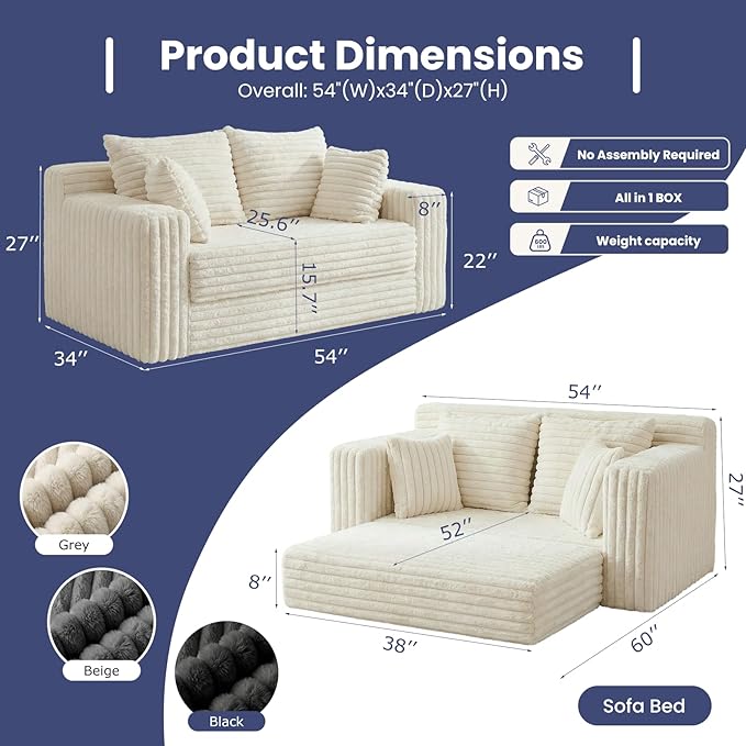 3-in-1 Convertible Sofa Bed: Boneless Loveseat Sleeper &amp Folding Couch Bed with 4 Pillows &amp Detachable CushionFurry Futon Couch for BedroomApartmentOffice and Living Room No AssemblyBeige
