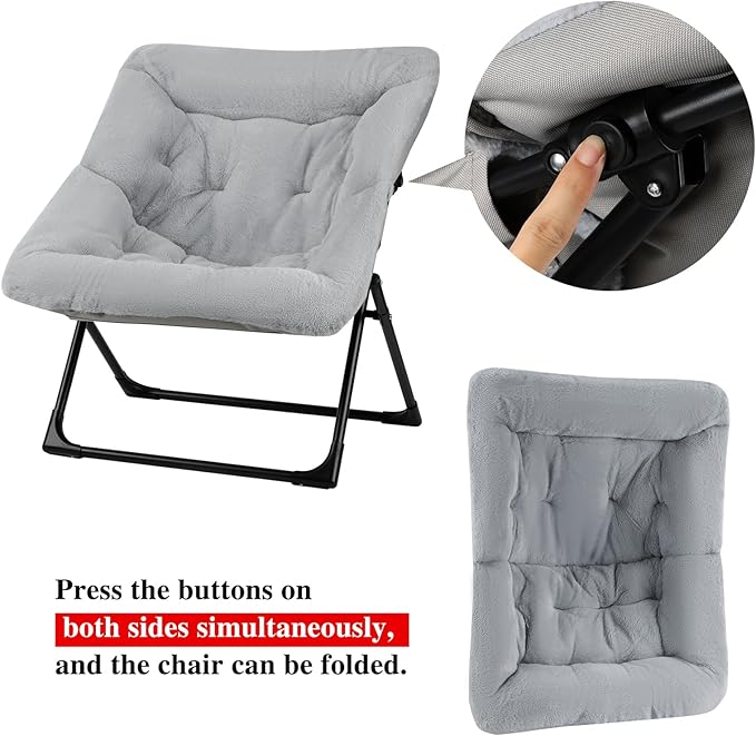Comfy Saucer Chair for Adults Soft Faux Fur Bedroom Chair with Ottoman Accent Dorm Chairs Living Room Reading Chairs and Footstool Folding Seat for Teens X-Large Grey